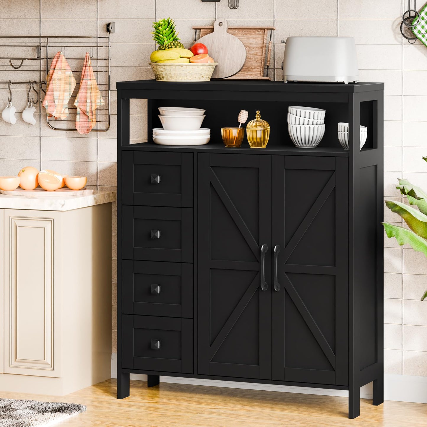 Befrases Farmhouse Storage Cabinet with 2 Doors and 4 Drawers, Freestanding Bathroom Cabinet Kitchen Pantry, Floor Storage Cabinets Hutch Cupboard for Kitchen/Living Room/Bathroom,Pure Black