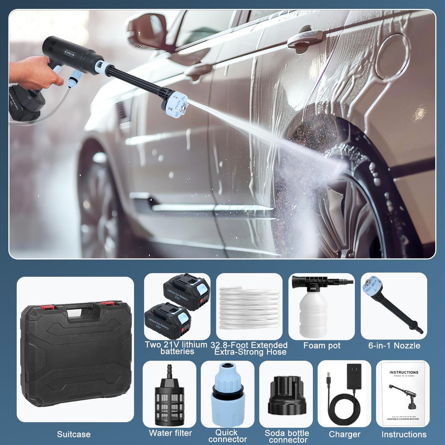 WLCIKECB Cordless Pressure Washer Battery Powered ; 1200 PSI Battery Operated Pressure Washer with 2 1500mAh Battery&10 Meter Hose& 6-in-1 Nozzle; for Watering, Car Washing, Yard Cleaning