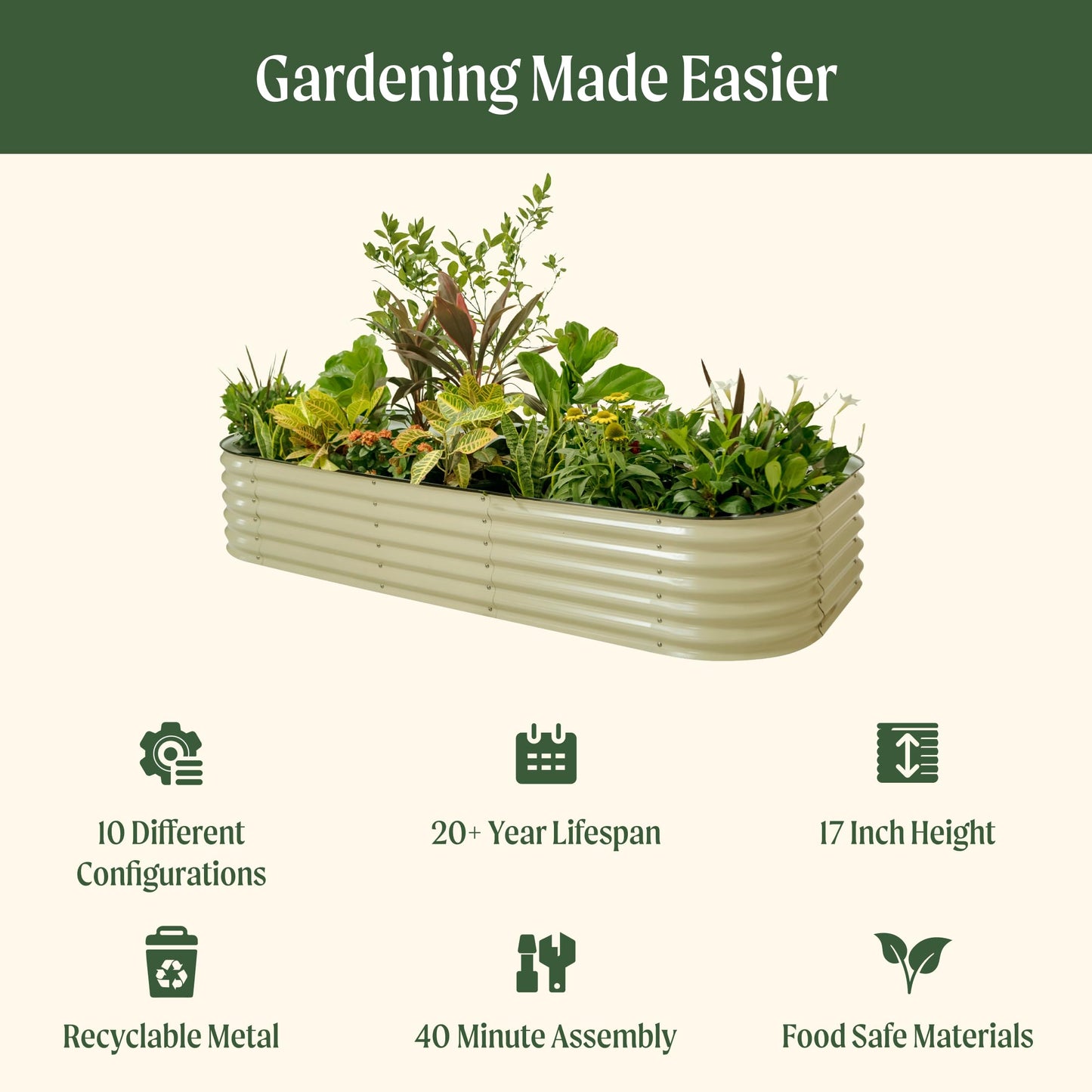 Vego garden Raised Garden Bed Kit, 17" Tall 10 in 1 Jumbo Modular Metal Planter Box for Vegetables, Flowers, Herbs, Pearl White