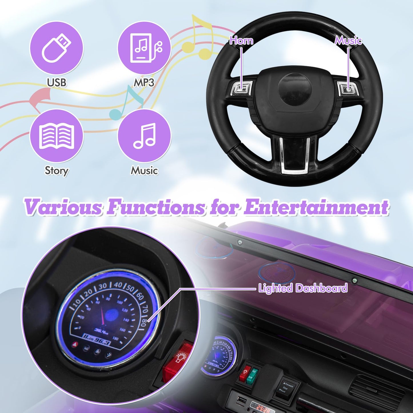 INFANS 24V 2 Seater Ride on Car for Kids, 2WD/4WD Battery Powered with Remote Control, Music, USB, MP3, Spring Suspension, 20" Wide Seat Electric Jeep Toys for Boys Girls Aged 3+ (Purple)
