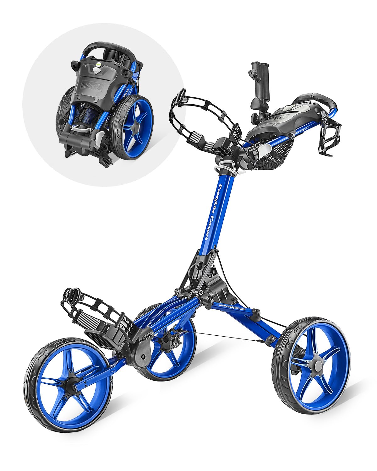 Caddytek CaddyLite Compact Golf Push Cart - Lightweight Aluminum 3-Wheel Foldable Golf Bag Cart with Quad-Fold System, EVA Wheels, Adjustable Handle, Brake, Mesh Net, Umbrella & Drink Holder