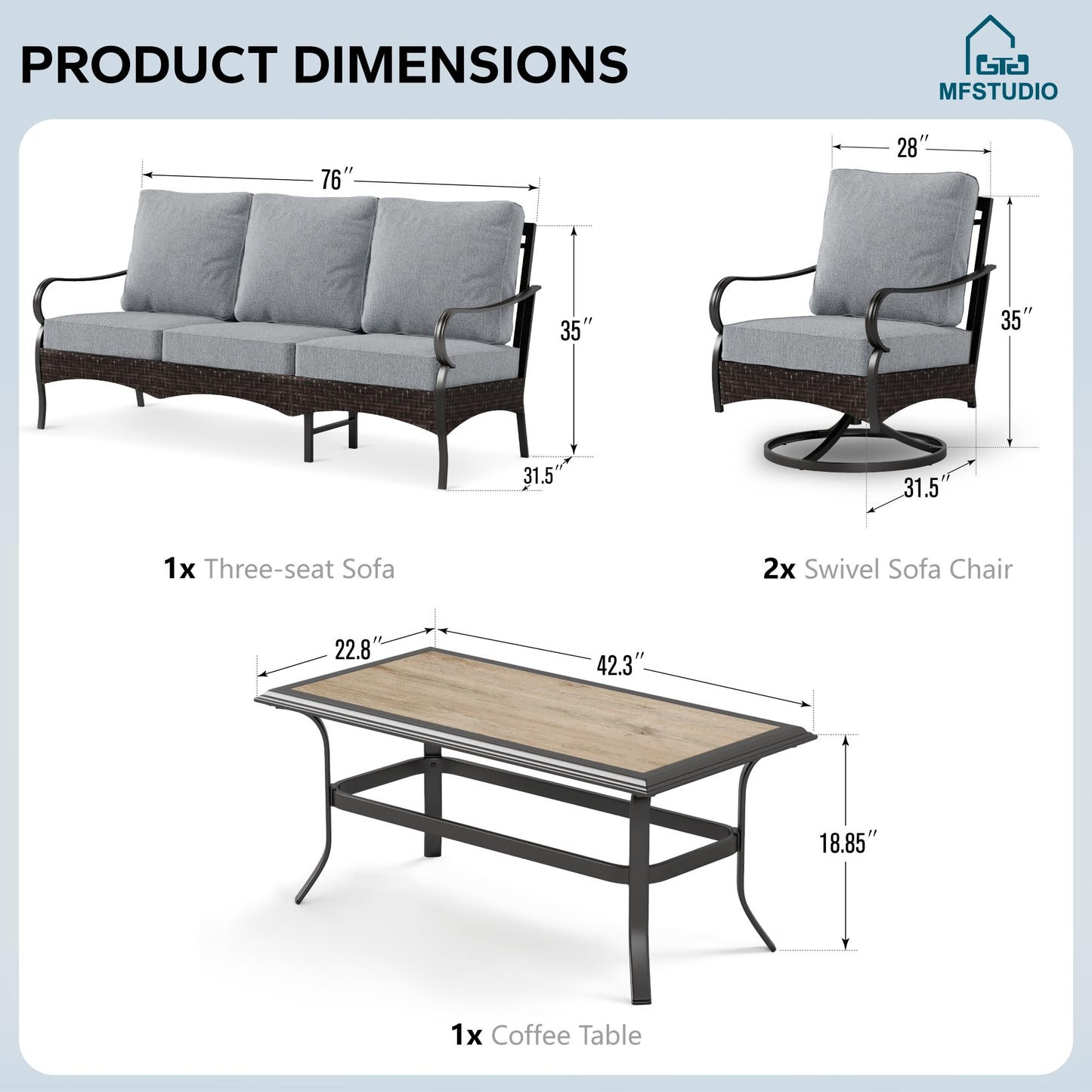 MFSTUDIO 4 Pieces Outdoor Patio Furniture Set, Metal Outdoor Conversation Set, Rattan Wicker Patio Sectional with 2 x Swivel Single Sofa, 3-Seat Sofa, 1 x Coffee Table, Grey