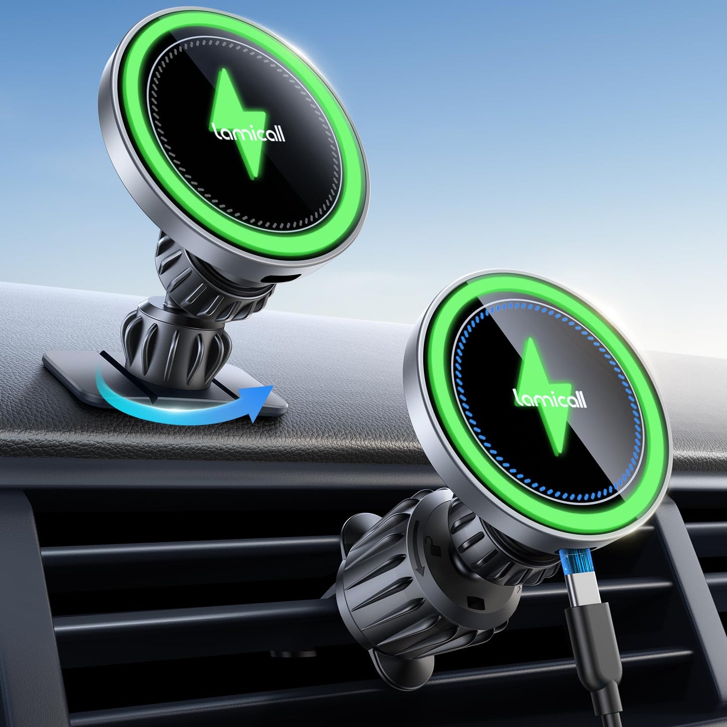 Lamicall 15W for Magsafe Car Mount Charger - [3-in-1 Upgraded Intelligent Chip] 360° Wireless Car Phone Holder Charger Vent Dashboard Magnetic Phone Holders for Your Car for iPhone 16 15 Pro Max
