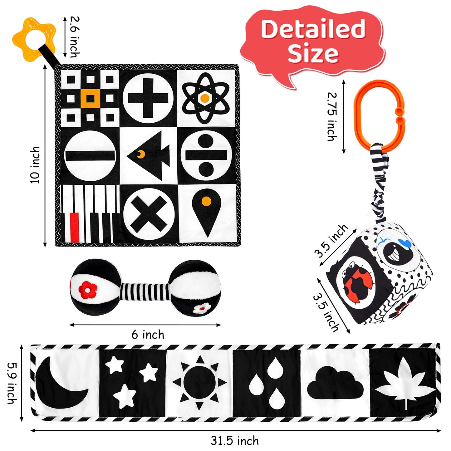 Black and White High Contrast Baby Toys for Newborn, Montessori Toys for Babies 0-6 Months Tummy Time Toys, Infant Newborn Sensory Toy 0-6 Months Soft Book for 0 3 6 6 9 12 Months Boy Girl