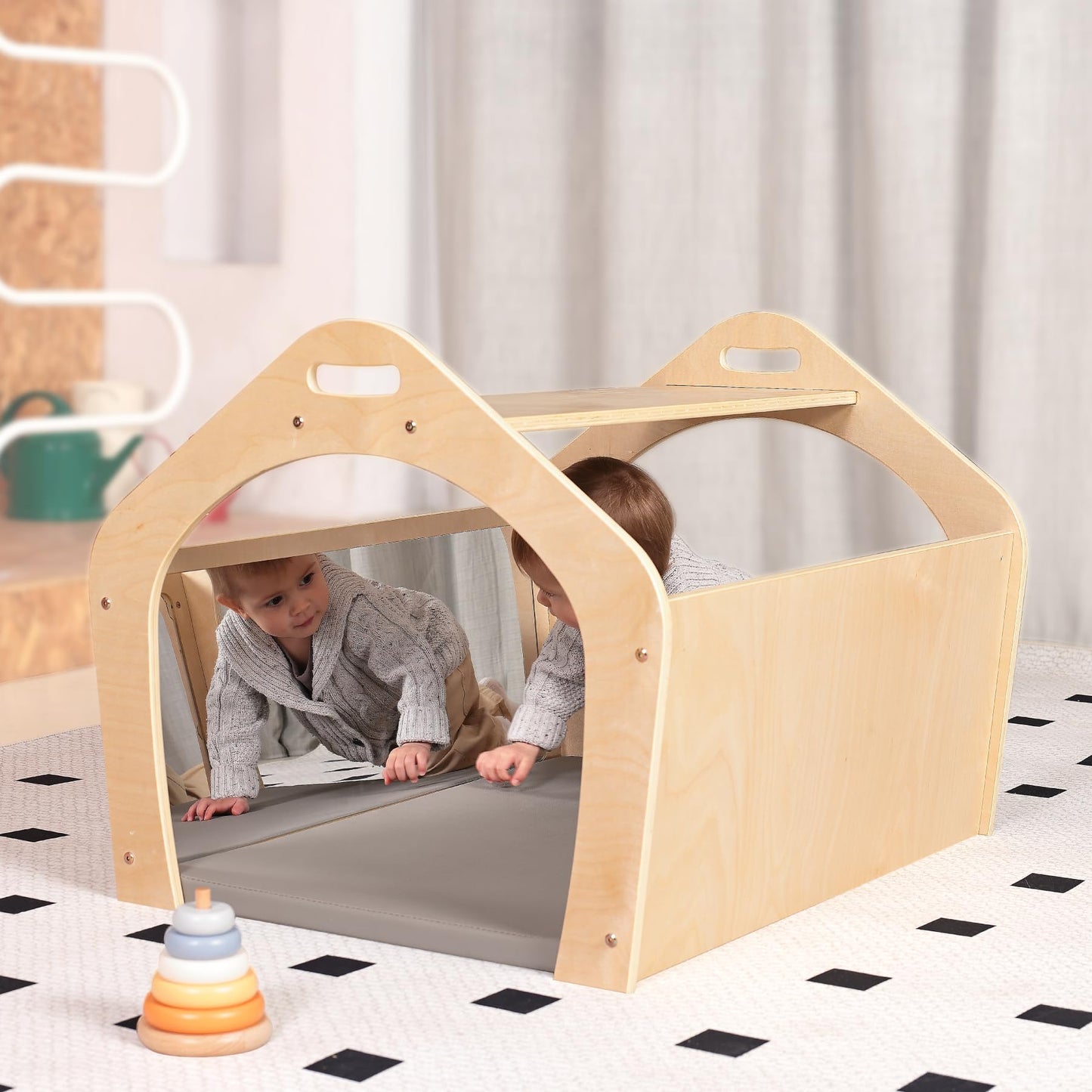 KRAND Wooden Playhouse for Toddlers w/Double Non-Shatter Safety Mirrors, Montessori Crawling Tunnel/Crawl-Through Play Set for Children and Kids, Daycare and Preschool Playroom(with Cushion)