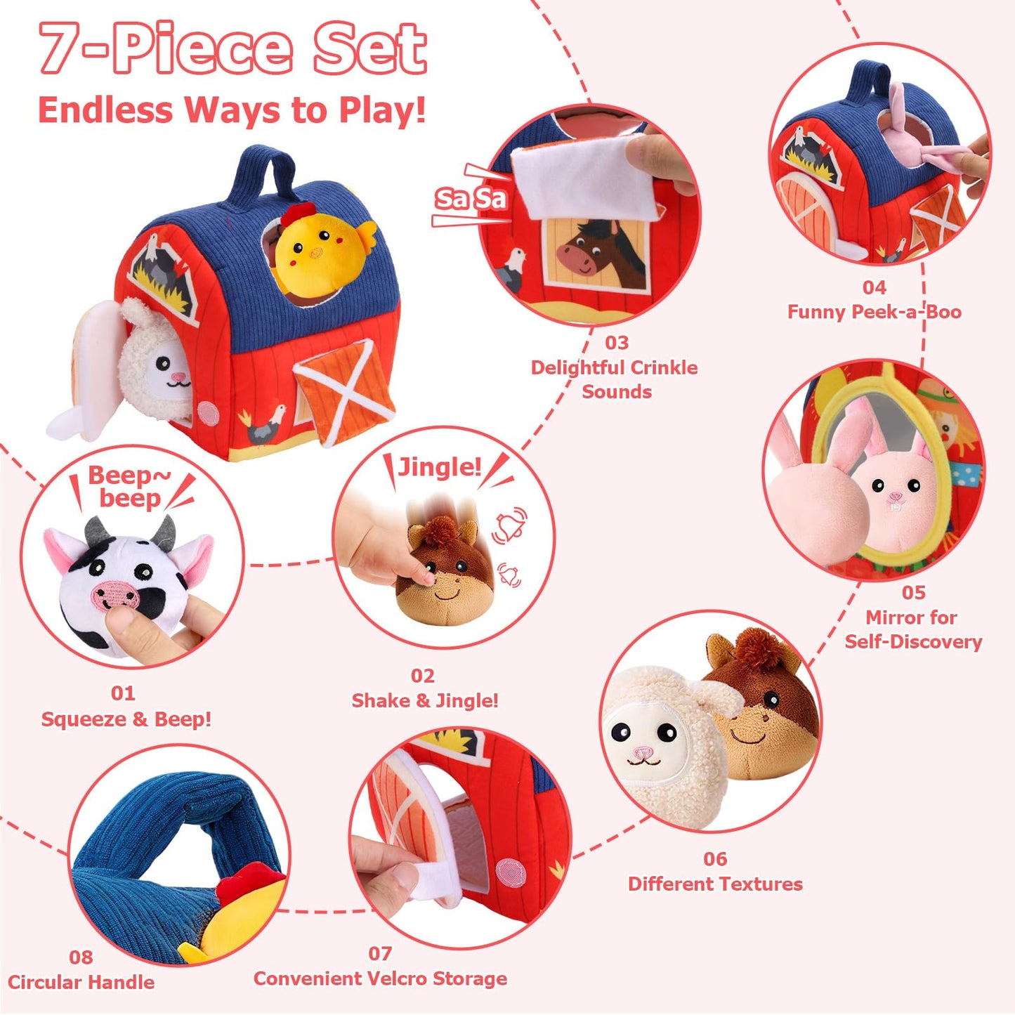 Baby Toys 6-12 Months, Surprise Barn with Stuffed Farm Animals 6Pcs, Rattle, Crinkle, Mirror, Montessori Sensory Toys for 1-3 Year Old Boys Girls, Ideal Gifts for Babies Toddlers Birthday Christmas