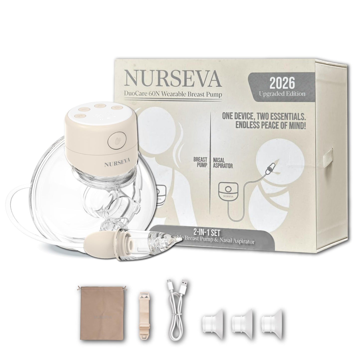 Nurseva DuoCare 60N Hands Free Breast Pump & Nasal Aspirator Kit – 2026 Upgraded Wearable Electric Breast Pump Milk Collector – Portable & Wireless for Nursing Moms – 4 Modes, 15 Levels