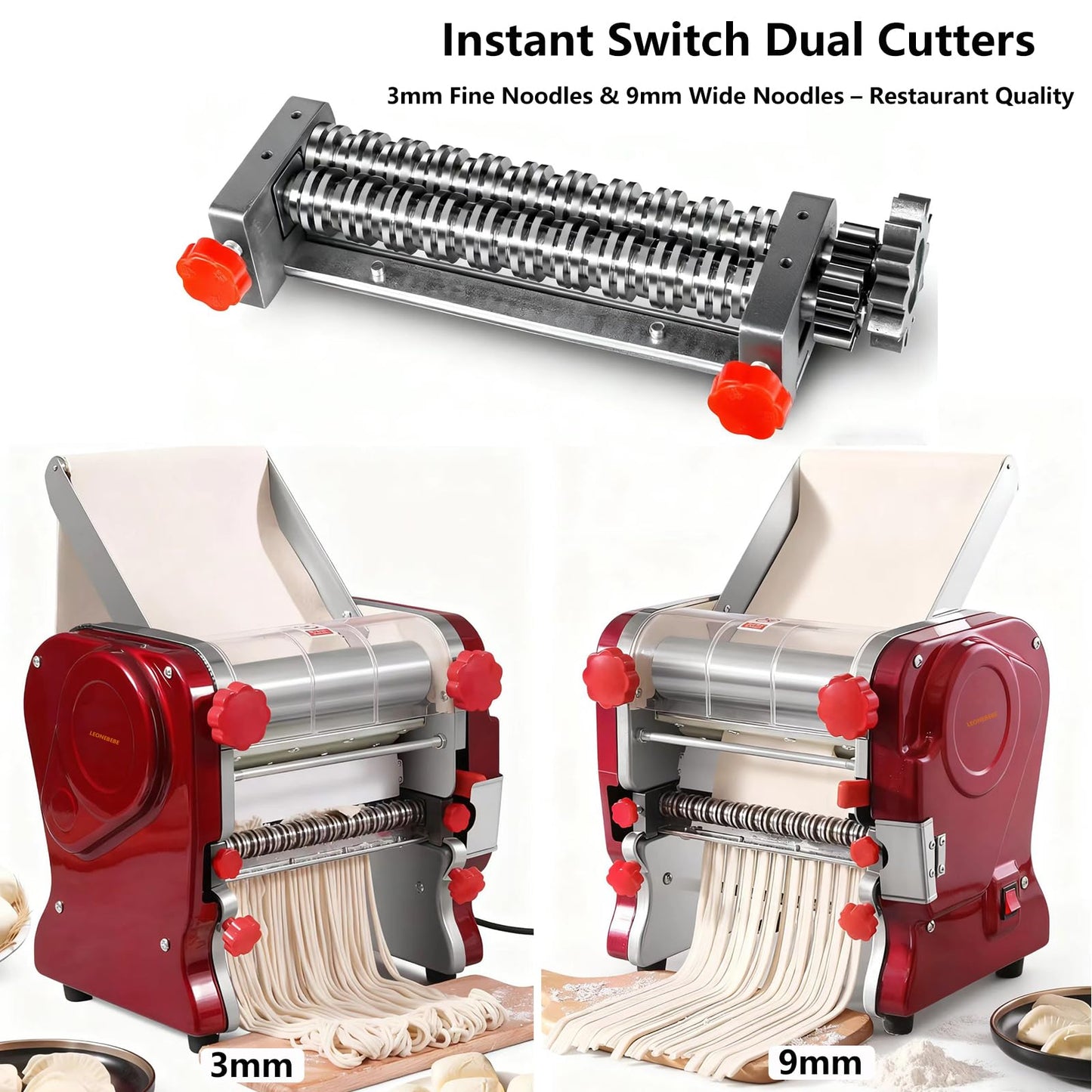 LEONEBEBE Pasta Maker Machine, Electric Commercial Pasta Roller with Stainless Steel Noodle Press, 3/9MM Blades, Dough Thickness Adjustable (0.3-5mm) for Spaghetti Lasagna Linguine Restaurant Use