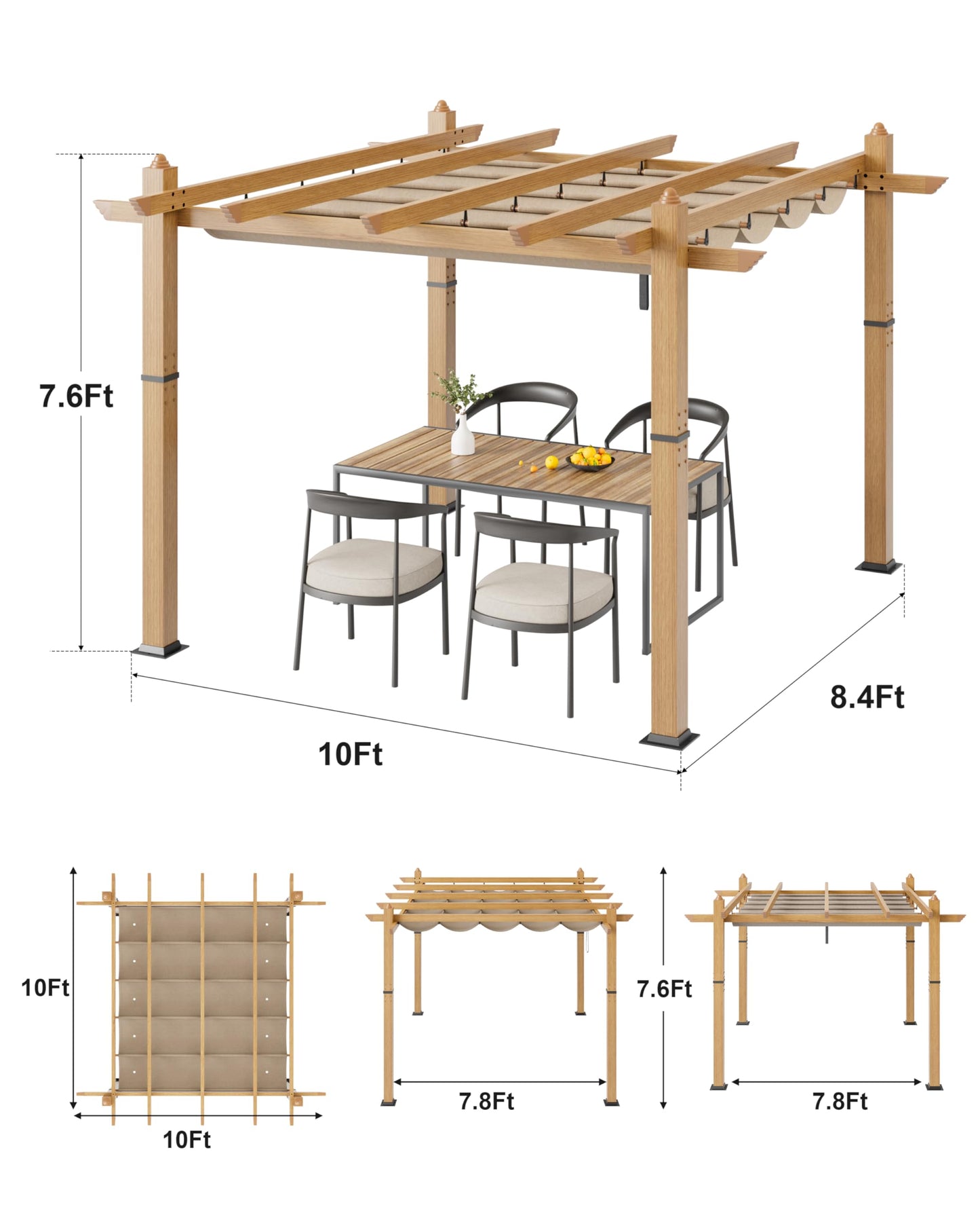 10x10 Ft Outdoor Retractable Pergola with Adjustable Roof Modern Metal Patio Gazebo, Upgraded Faux Wood Grain Aluminum Pergola for Deck, Backyard Gardens, Porches, Grapevines, Khaki