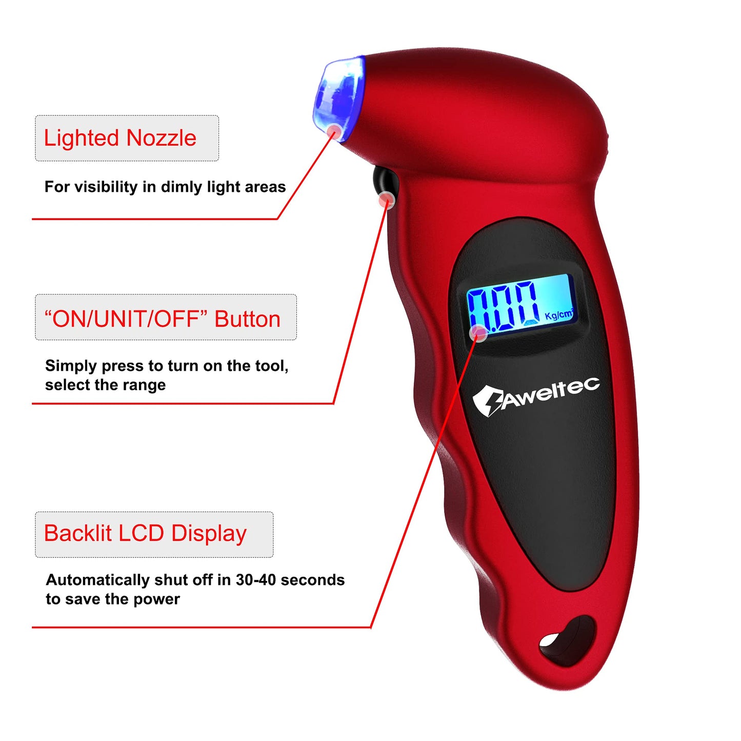 AWELTEC Digital Tire Pressure Gauge 150 PSI, 4 Settings, Tire Gauge for Car, Truck, Motorcycle, Bicycle with Backlit LCD and Non-Slip Grip (Red)
