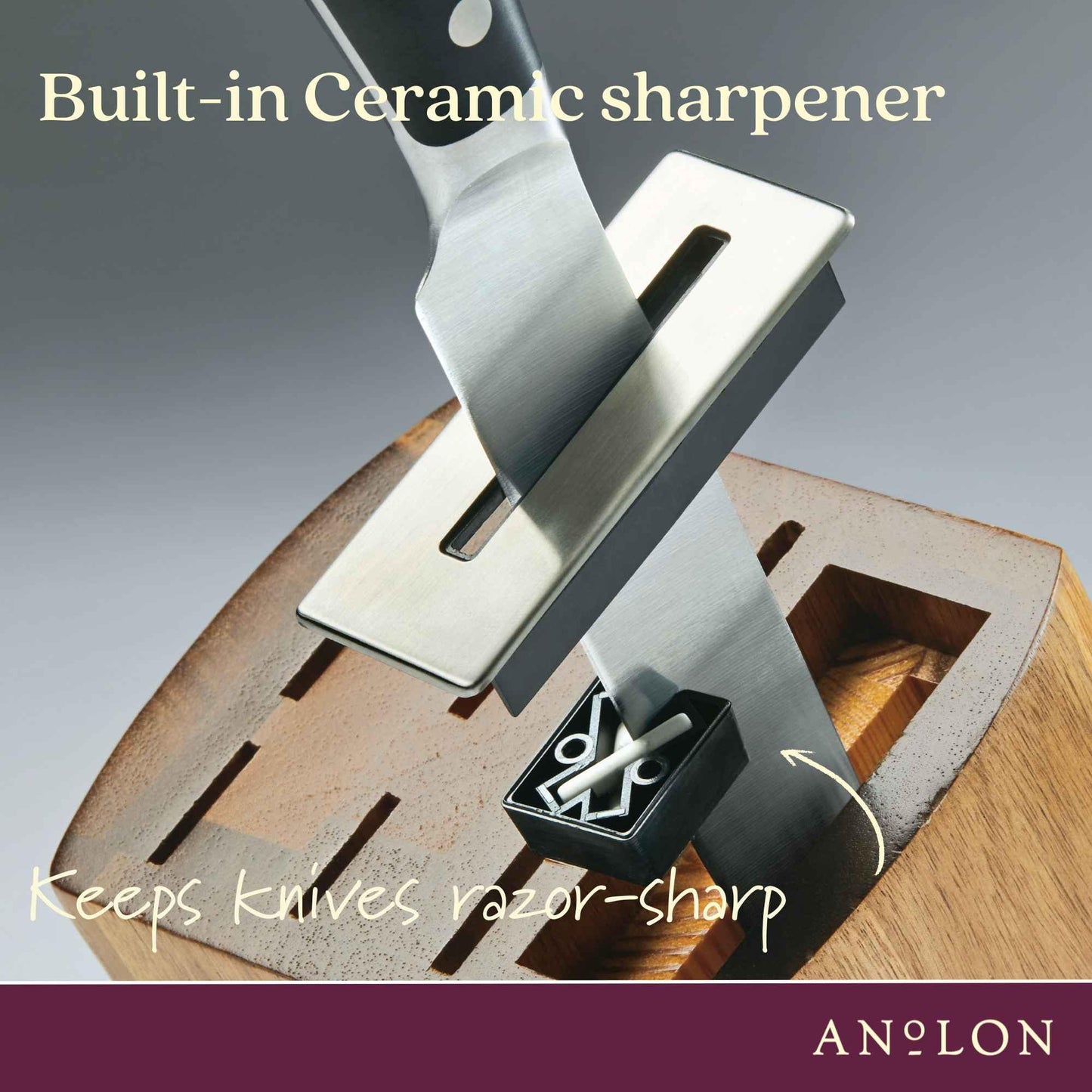 Anolon AlwaysSharp Japanese Steel Knife Block Set with Built-In Sharpener, 8 Piece