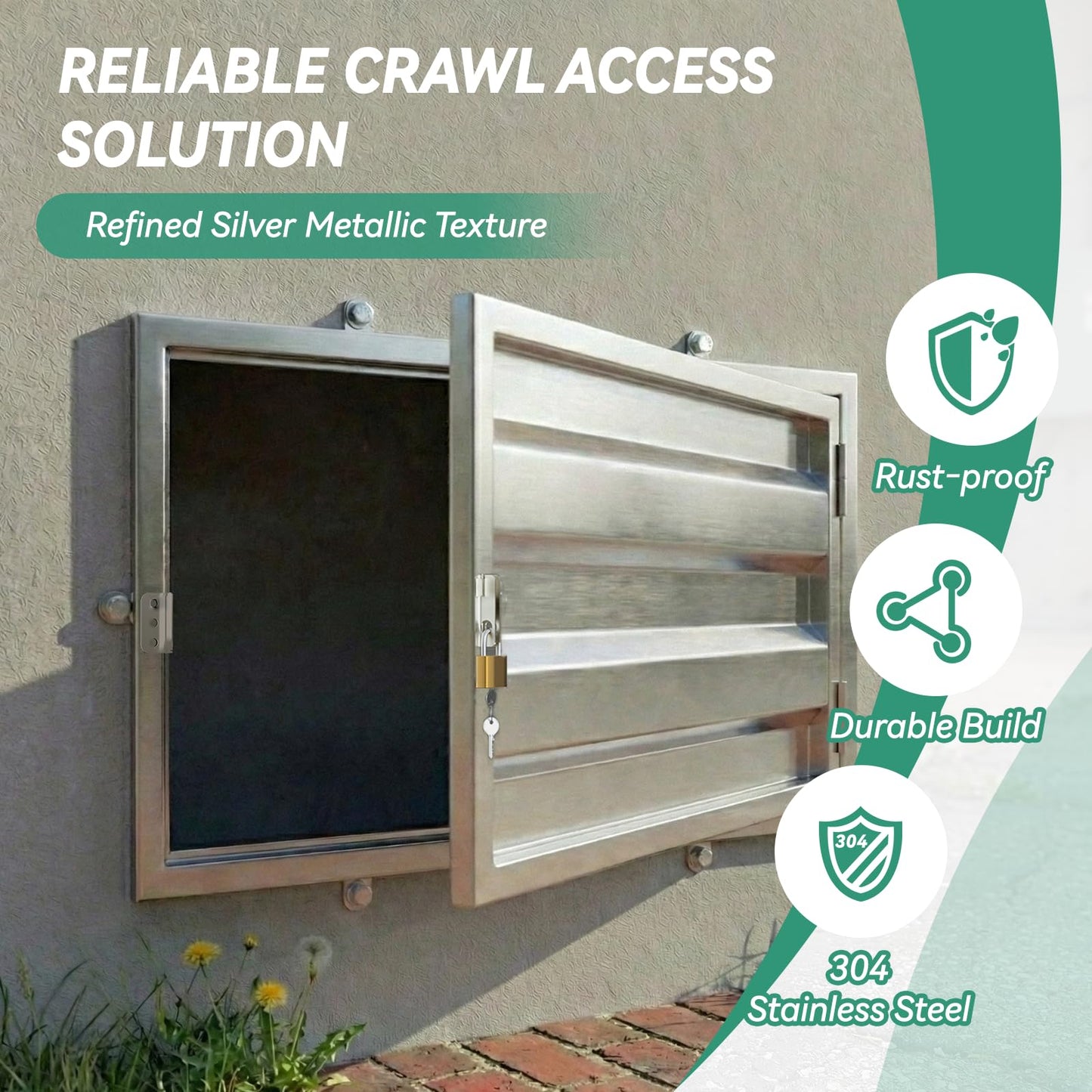 DRKSBesto 32" X 16" 306 Stainless Steel Crawl Space Door, Heavy Duty Stainless Steel Access Door with Lock and Key, Thickened Crawl Access Panel, Includes Installation Screws