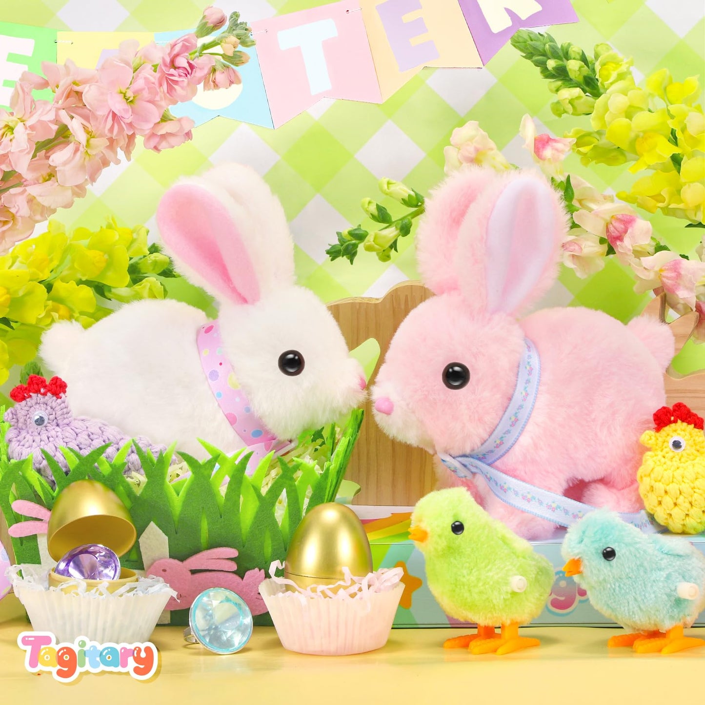 Tagitary Easter Plush Toys Walking Bunny for Kids, Stuffed Bunny with Sounds,Interactive Toys with Leash,Wind Up Toy, Can Hop,Wiggle Ears,Twitch Nose,Ideal Easter Gifts for Toddlers