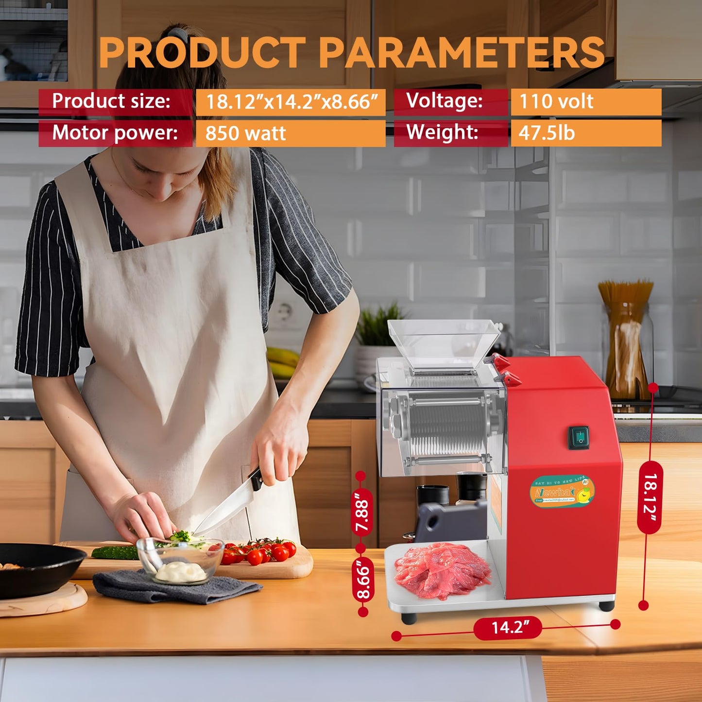 Newhai 850W Meat Cutter Machine, Commercial Meat Cutting Machine 10mm Heavy Duty, Stainless Steel Meat Slicer Shredder Restaurant, for Boneless Meat Soft Vegetables