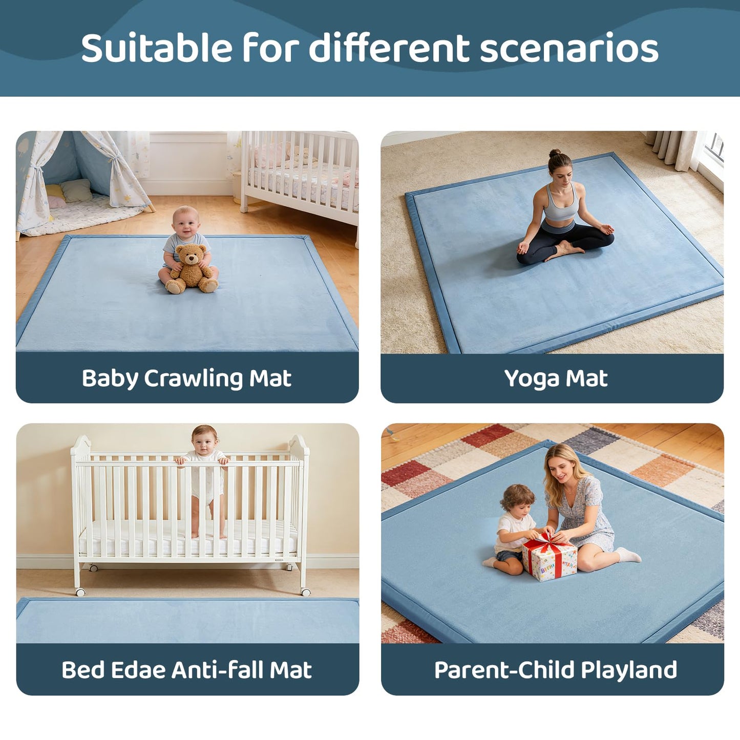 TreeBud Baby Play Mat for Floor, 1.3 Inch Thick Memory Foam Tummy Time Mat with Non Slip Backing, Soft Coral Velvet 71X79 Inch Playpen Mat Crawling Tatami for Infants Toddlers Kids, Midnight Blue