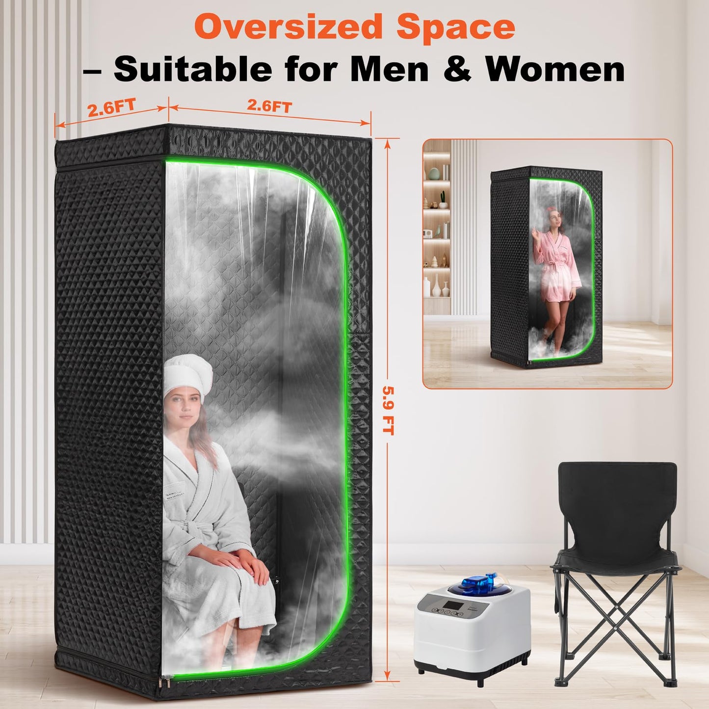 UNANEST Portable Full-Body Steam Sauna Tent for Home – Large Indoor Personal Sauna with 9 Heat Levels, 3L Steamer, Remote, Foldable Chair and Transparent Window (Quadrilateral, Black)