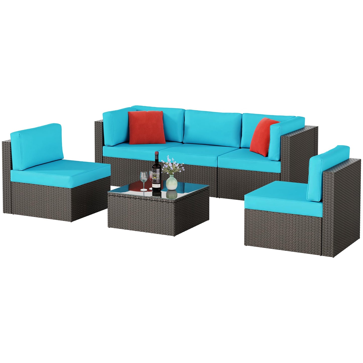 Shintenchi 6 Pieces Patio Furniture Sets Outdoor All-Weather Sectional Patio Sofa Set PE Rattan Manual Weaving Wicker Patio Conversation Set with Glass Table&Ottoman Cushion and Red Pillows, Blue