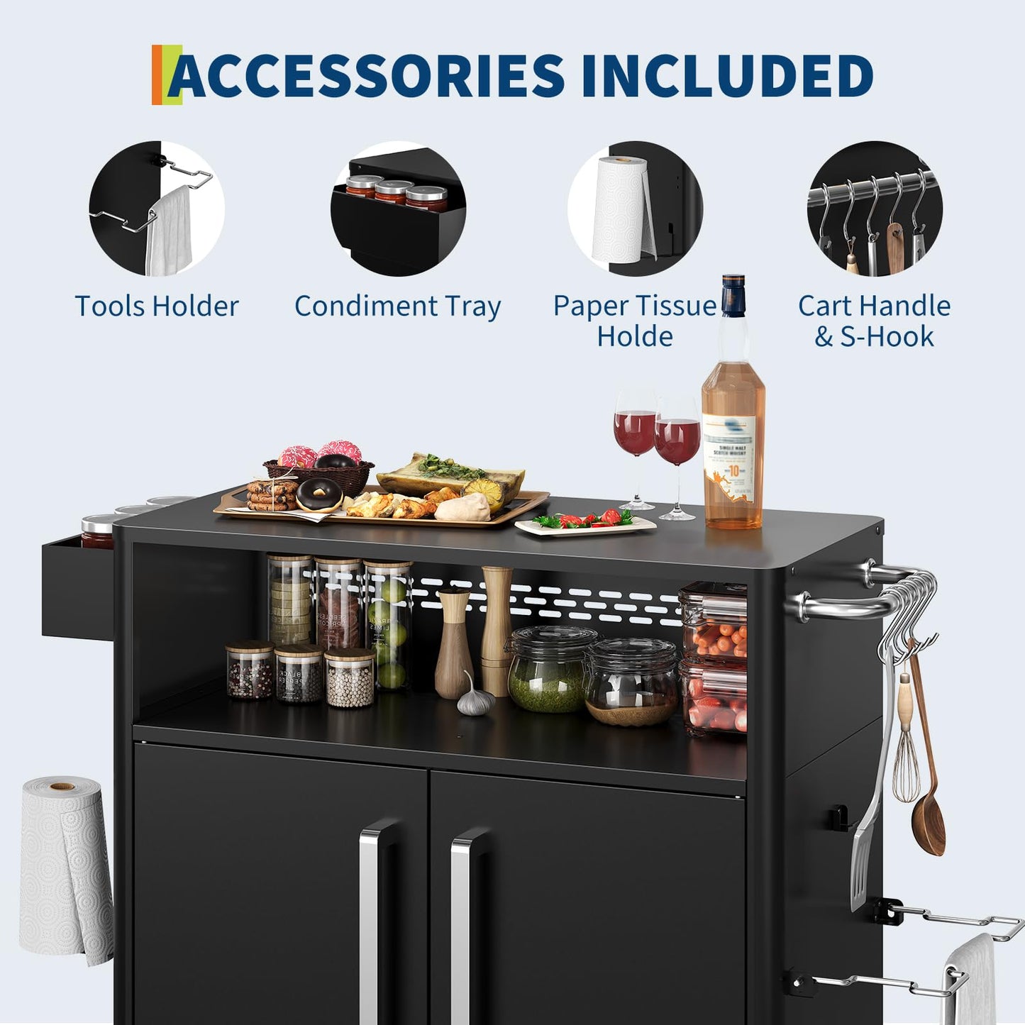 Garvee Grill Table, Outdoor Grill Cart with Storage Cabinet, Kitchen Cart Island Multifunction Food Prep Table Stainless Steel Surface, Outside BBQ Backyard Include Hooks Spice Rack