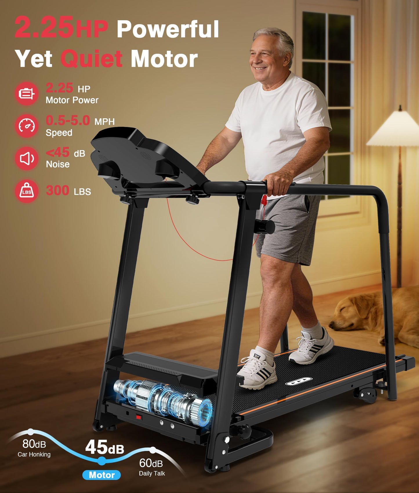 Redliro Treadmill for Seniors with Long handrails - 300 lbs Capacity Walking Treadmill for Seniors with 0%-2% Incline, Foldable, Heart Rate Monitor, Mute Home Recovery Walking Machine for Seniors