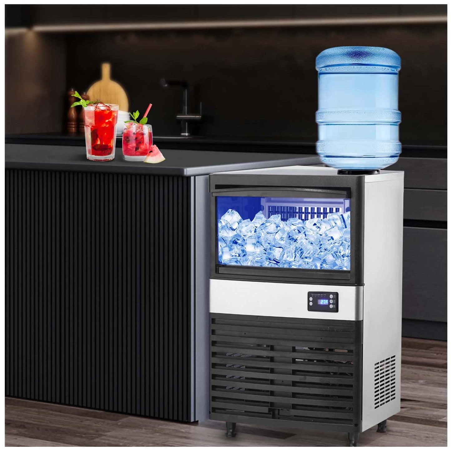 Commercial Ice Maker, 2 Water Inlet Modes, Ice Machine 120Lbs/24H with 30Lbs Storage Capacity, 60Pcs/Cycle Ice Cubes, Stainless Steel Freestanding Ice Machine for Home/Shop/Office/Bar