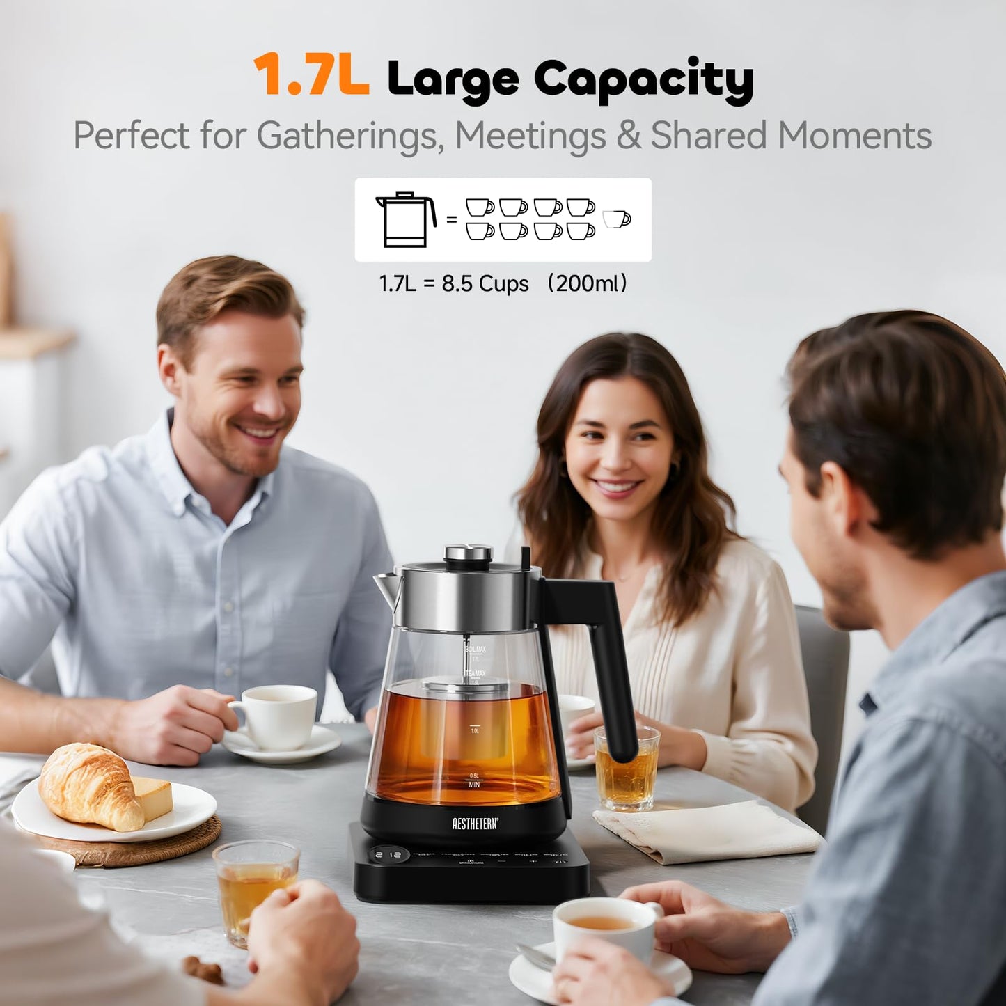 Aesthetern Electric Tea Kettle with Infuser 1.7L Glass Electric Kettle with Temperature Control Automatic Shut Off 12H Keep Warm for Tea Coffee Water Heater, Black
