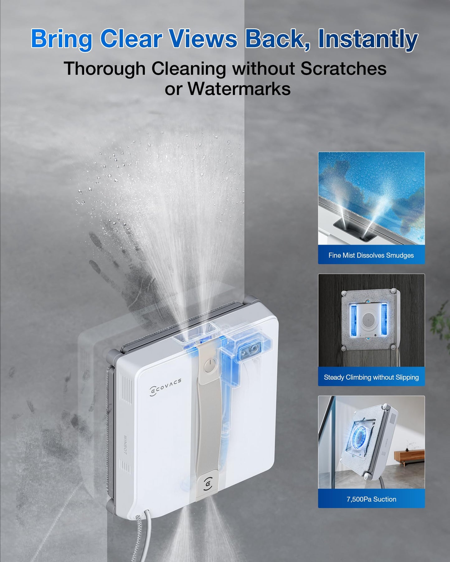 ECOVACS WINBOT Mini Window Cleaning Robot - Compact Design, Dual Nozzles with Ultrasonic Spray, 9-Stage Protection System, Intelligent Path Planning, 3 Cleaning Modes, Anti-Slipping System