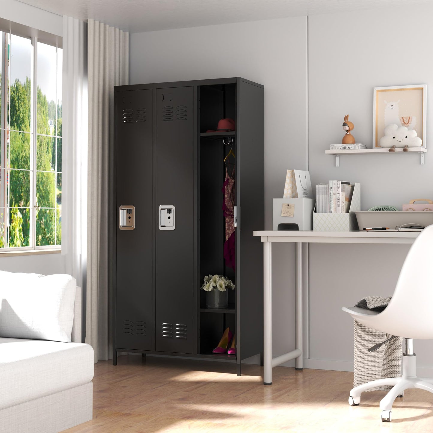 IKIMI Metal Locker Locking Storage Lockers for Employees,72" Tall Staff Locker with Shelves and Hooks Steel Sports Locker Cabinet for Office Home School Gym Garage Black