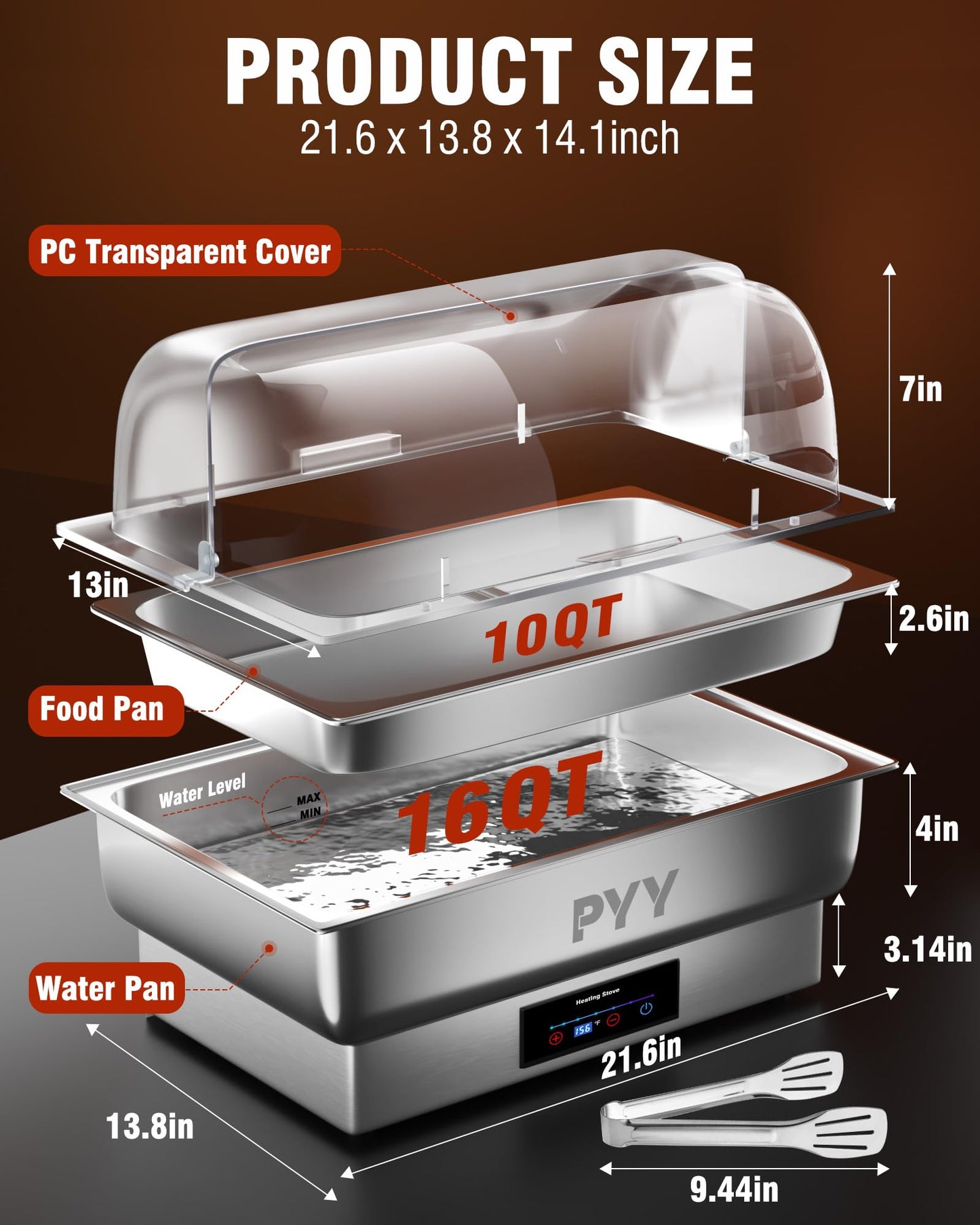 PYY Electric Chafing Dish Full Size Stainless Steel Chafer,Temperature Control, Chafing Dish Buffet Set for Catering,Buffets