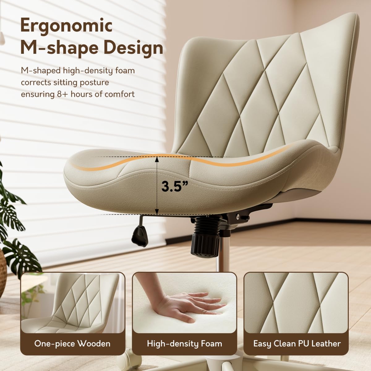 JULYMON Armless Desk Chair, Morden Home Office Chair no Arms, Adjustable Height & Rocking Computer Chair, PU Leather Vanity Chair, Ergonomic Seat Soft Padded Desk Chairs for Home Small Space, Beige