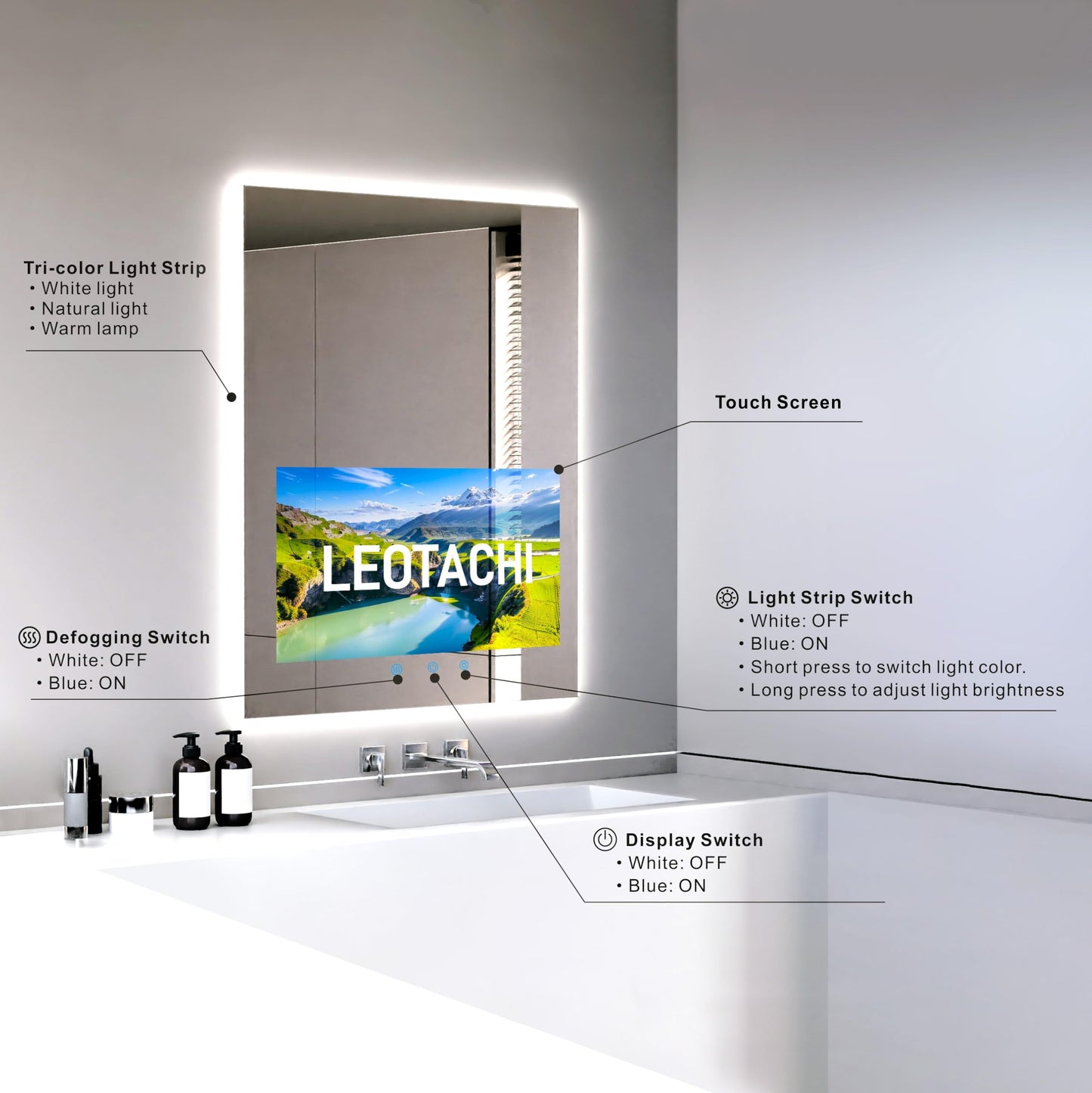 Leotachi 32"x24" Smart Waterproof Anti-Fog Vanity Mirror with Built-in 21.5" Touch Display, Android OS, Adjustable 3-Color LED, Bluetooth/WiFi/HDMI, Streaming Apps for Bathroom & Bedroom