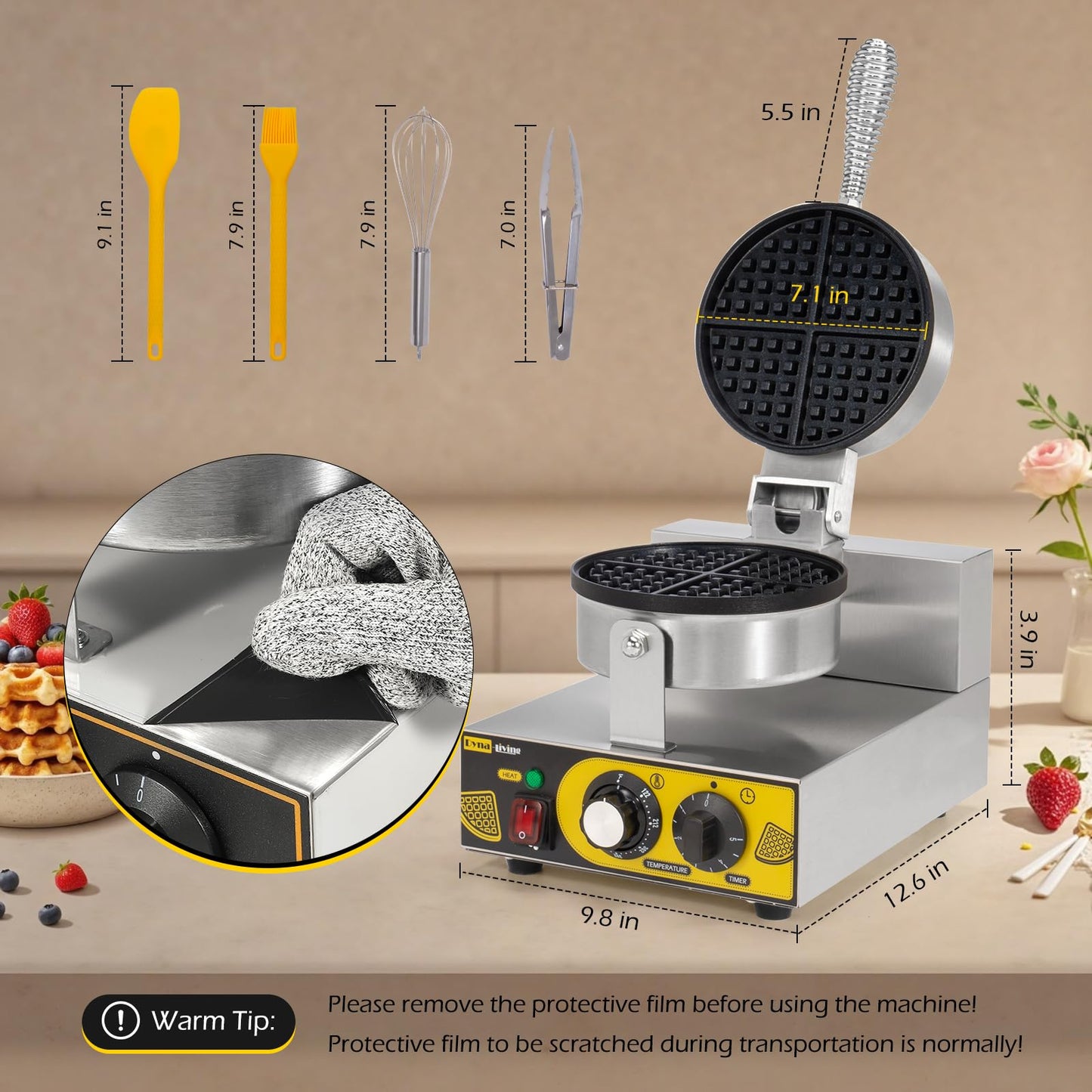 Dyna-Living Single Head Commercial Waffle Maker 1200W & 2-Tanks Commercial Chocolate Tempering Machine Chocolate Tempering Pot