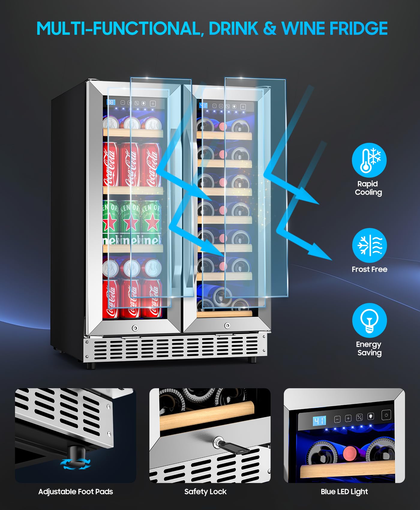 EORICE Wine and Beverage Refrigerator with Glass Door, 24-Inch Dual Zone Wine Fridge Under Counter - 21 Bottle and 60 Can Large Capacity Led Blue Light Smart Fast Cooling Wine Cooler Drink Fridge