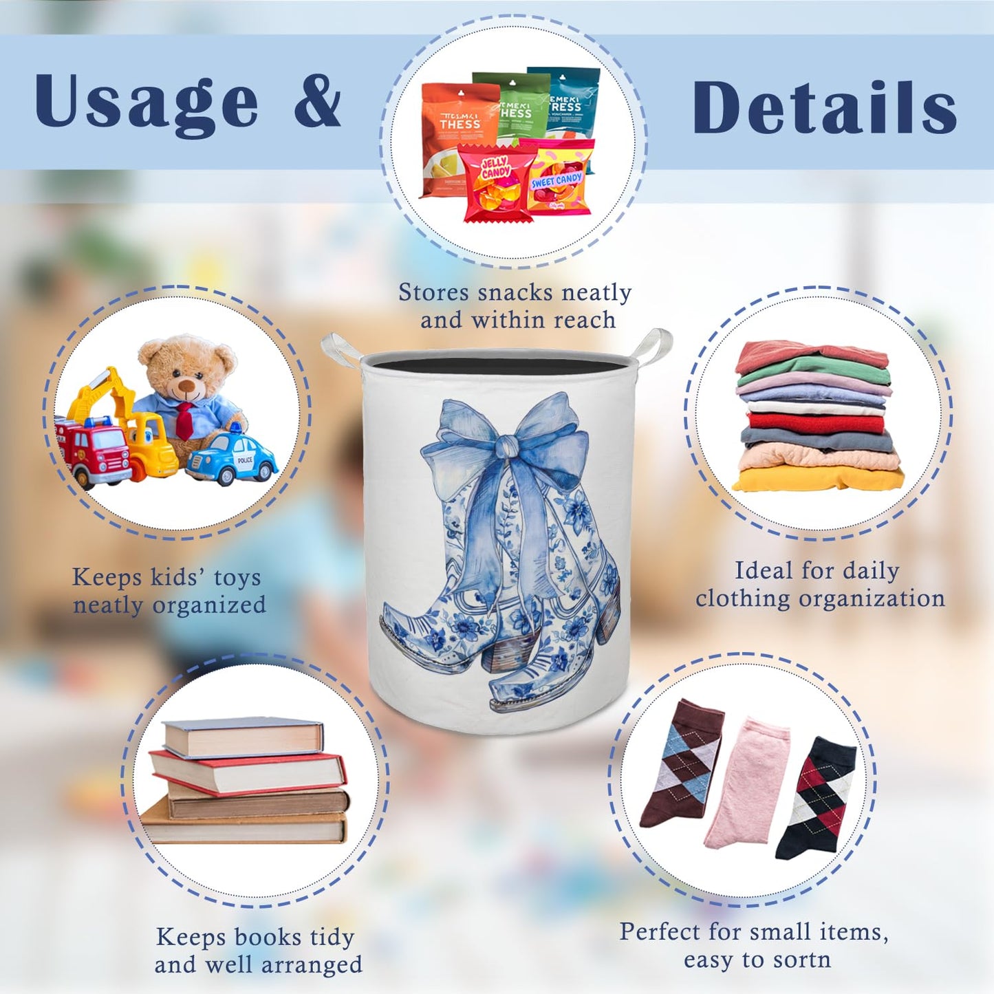 TAZSWDMM Chinoiserie Bow Western Cowgirl Boots Laundry Basket Hamper, Blue and White Cowgirl Foldable Clothes Toys Books Storage Box Bins Baskets Organizer for Girls Room Bathroom Home