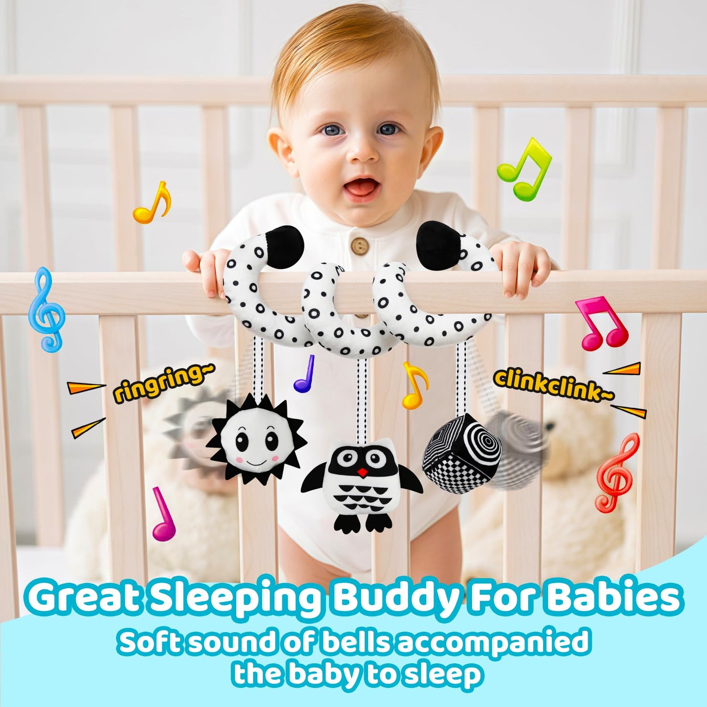 FQKIOMY Black and White High Contrast Baby Toys - Sensory Infant Hanging Carseat & Stroller Toy for Newborns 0-6,6-12Months Perfect Easter Birthday & Baby Shower for Babies Boys Girls