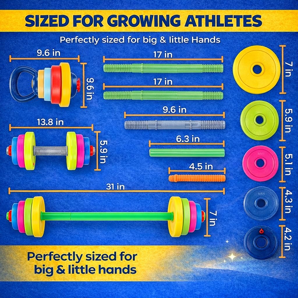 Kids Exercise Weight Set - 3-in-1 Adjustable Workout Toy Equipment for Children Pretend Play Exercise - Toddler Beginner Gym, Fitness, Weightlifting and Powerlifting (Dumbbell, Barbell, Kettlebell)