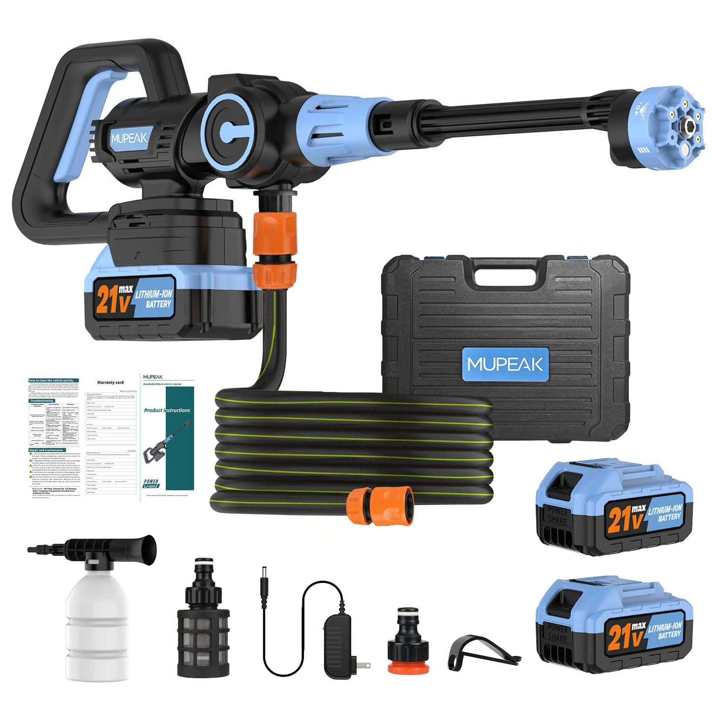 MUPEAK Cordless Pressure Washer, 1100PSI-Brushless Portable Power Washer with 2 Batteries, 3 Modes Adjustable/6 in 1 Nozzle, 21V 4.0Ah Battery Powered Pressure Washers for Home, Car, Garden