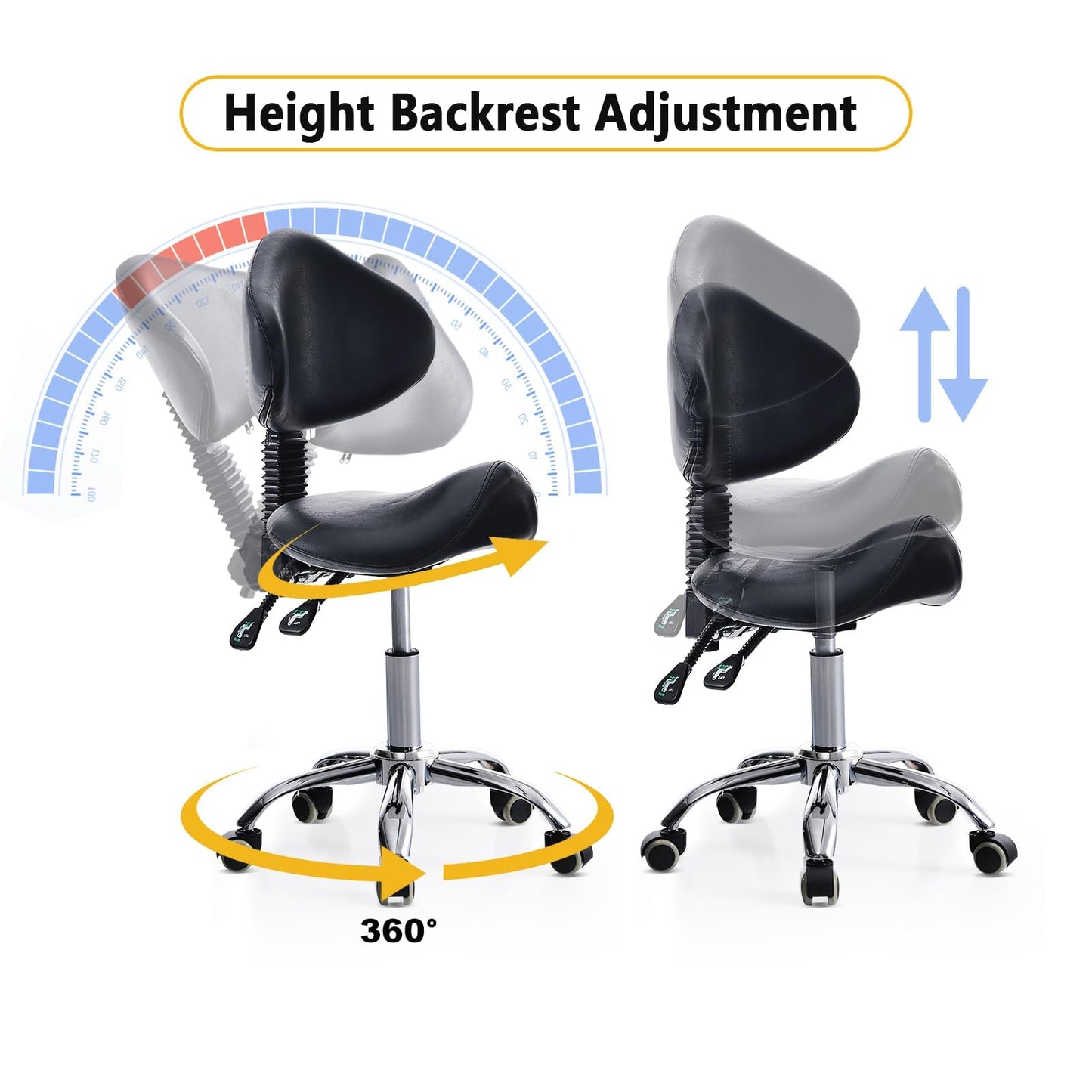 CAISHI Saddle Stool with Wheels Ergonomic Rolling Chair for Nail Tattoo Artist Barber Dentist Clinic Shop Home Massage Facial Office,Adjustable Hydraulic Stool (Black)