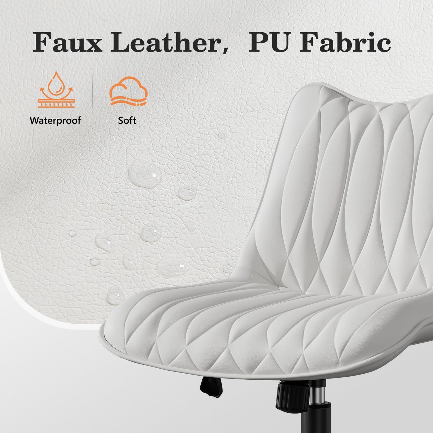 Bananister Armless Office Chair, Desk Chair No Arms, Adjustable Swivel Rolling Task Chair with Wheels, Faux Leather Upholstered, Compact for Small Space Home Office & Bedroom Vanity, White