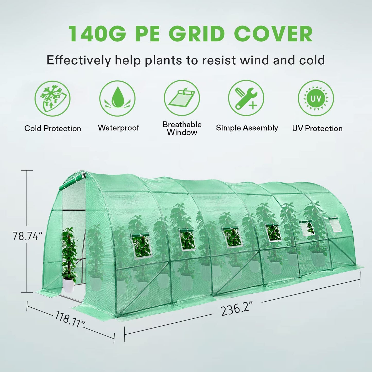 VIVOSUN 20x10x7 Ft. Large Walk in Greenhouse, Greenhouse Tunnel, Garden Plant Hot House with Green PE Cover, Roll-up Zipper Door and Window for Outdoor