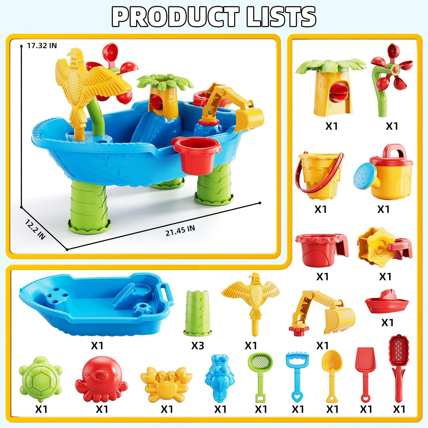 Kids Sand Water Table for Toddlers 1-3 3-5 Years, Outdoor Activity Play Set with Beach Toys, Shovels & Molds, Summer Outdoor Beach Outside Backgard Sensory Toys for Kids Boys Girls 1.5+ Years