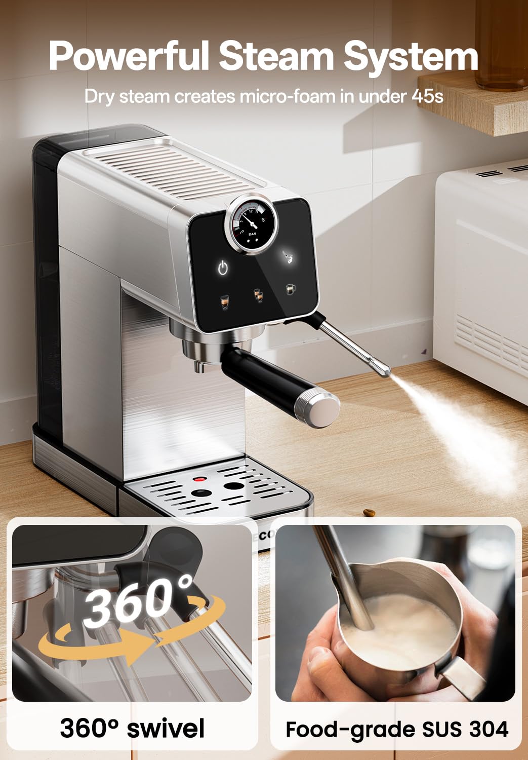 Arecovas Espresso Machine with Milk Frother, 20 Bar Compact Coffee Machine with Touch Screen & 41oz Water Tank for Home Use, Stainless Steel Espresso Coffee Maker for Americano, Cappuccino, Latte