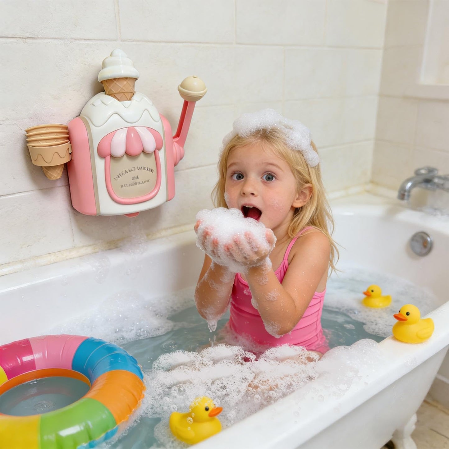 Ice Cream Bath Toy, Bath Bubble Maker, Educational Pretend Play Water Toy, Bubble Making Machine, for Kids Shower Pool Home