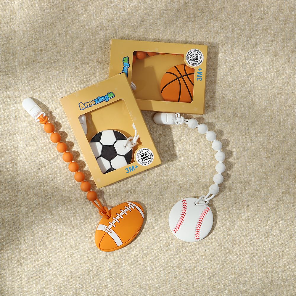 Baby Food Grade Silicone Sport Ball Teether Toy with Pacifier Clip Holder,Teething Pain Relief Toys Gift Set for 3 Months+ Boys and Girls,Freezer Safe,BPA Free. (American Football)
