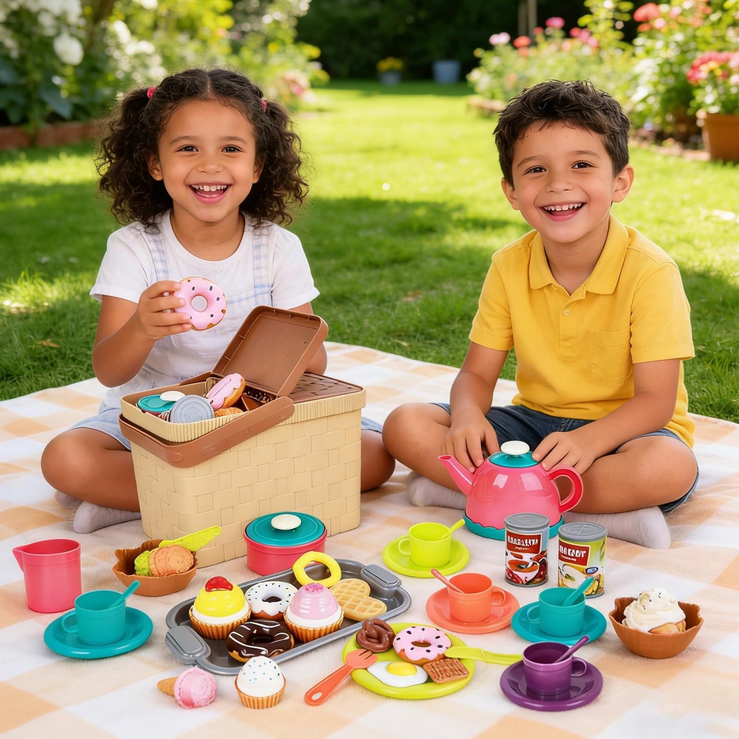 Picnic Basket Toys Play Tea Sets with Teapot Tea Cup Dessert Food,Ice Cream Playset, Pretend Play Kitchen Accessories Tea Party Set for Toddlers Kids Little Girl Boy Age 3-7 Years Old