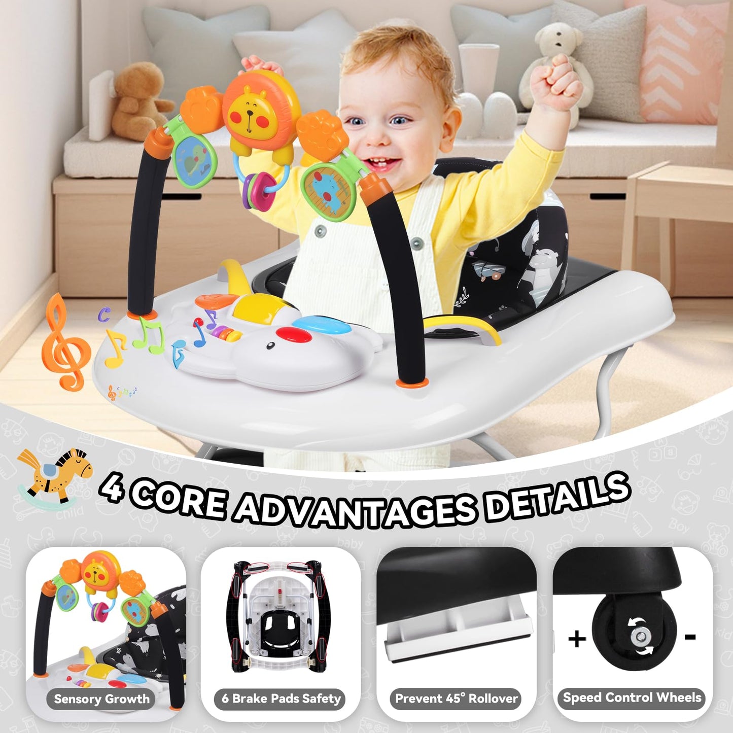 RefoereBabe Baby Walker, 5 in 1 Baby Walkers for Boys Girls 6-12 Months, Foldable Walkers for Babies with Bouncer & Feeding Tray, Music, Adjustable Heights, Activity Walker for Infant