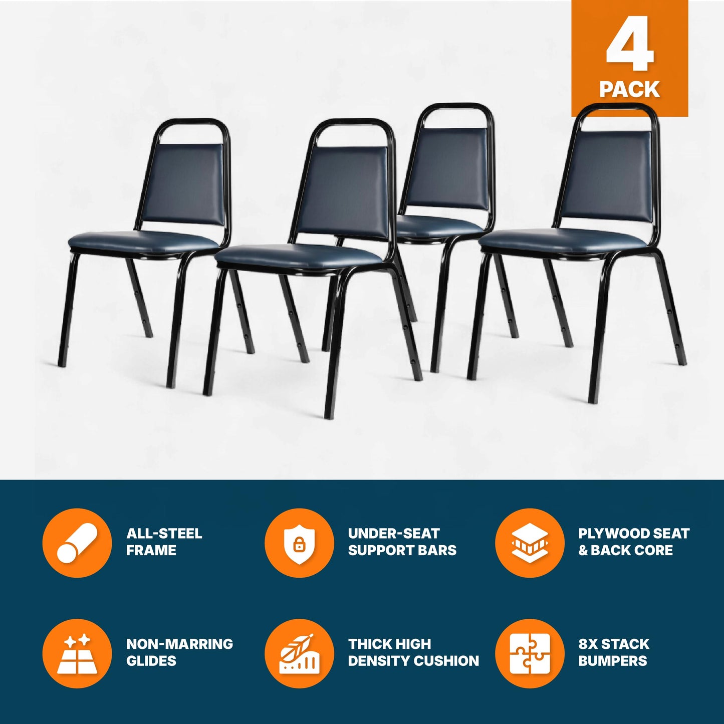 OEF Furnishings OEF9100 Series Banquet Chairs Premium Commercial Seating (4 Pack, Vinyl, Midnight Blue, Black Frame)