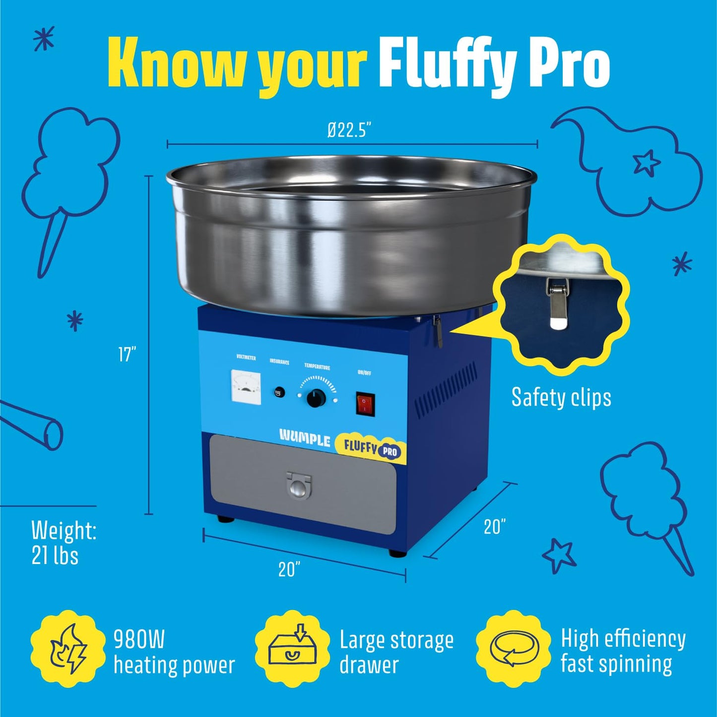 Wumple - Cotton Candy Machine Pro Bundle, Large Stainless Steel Bowl & Drawer, Includes 3 Flavored Sugars and 70 Cones for Parties and Business (Blue)