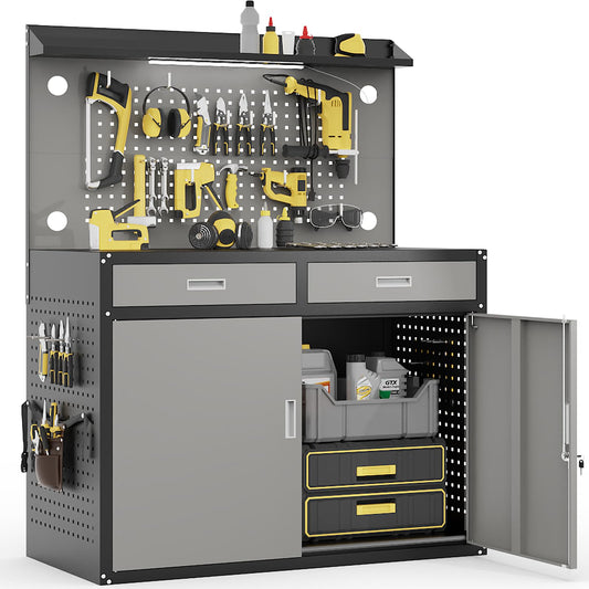 65" Heavy Duty Workbench with Drawers and Lockable Storage Cabinet- 2000 LBS Capacity Work Bench with Pegboard Organiser,Work Table with Adjustable LED Light for Garage,Workshop and Repair Shop