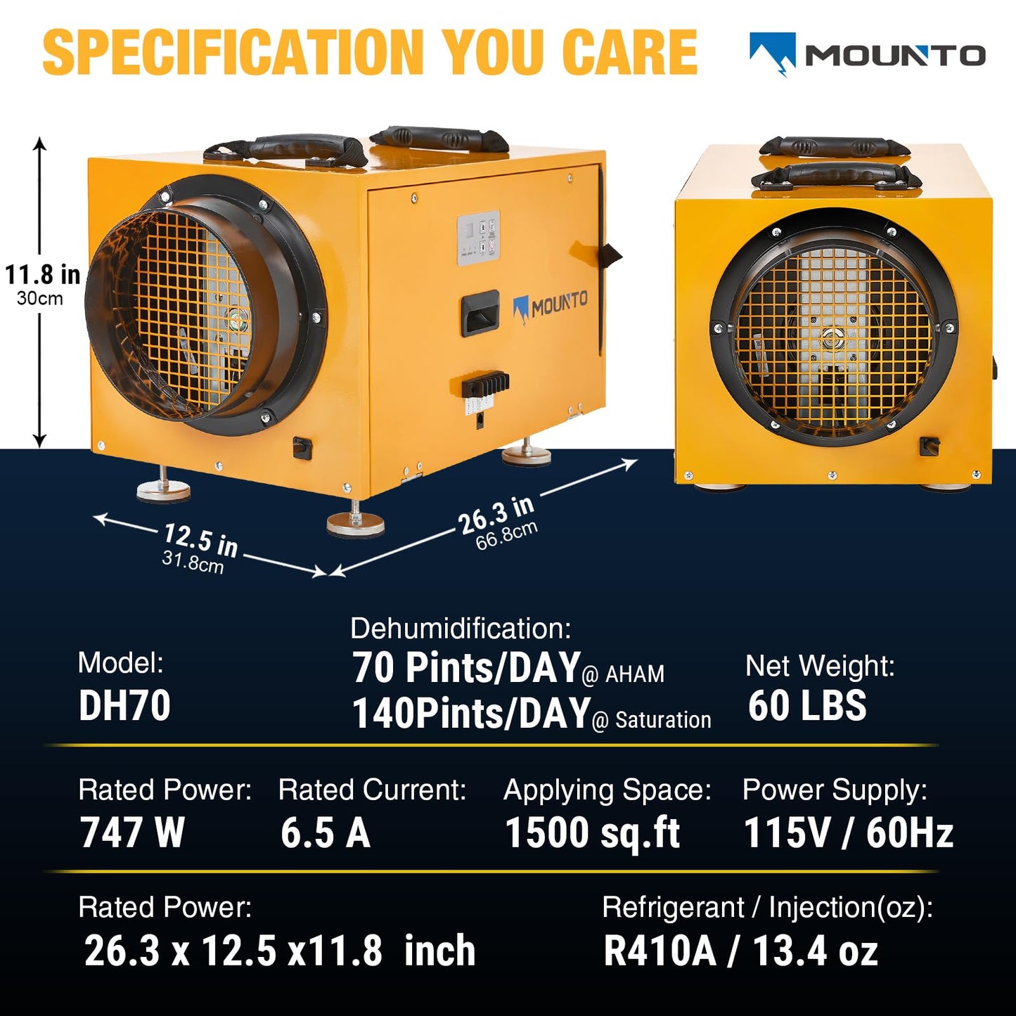 MOUNTO 140 PPD Crawl Space Dehumidifier – Commercial Basement Dehumidifier with Auto Defrost, Compact Design, cETL Listed