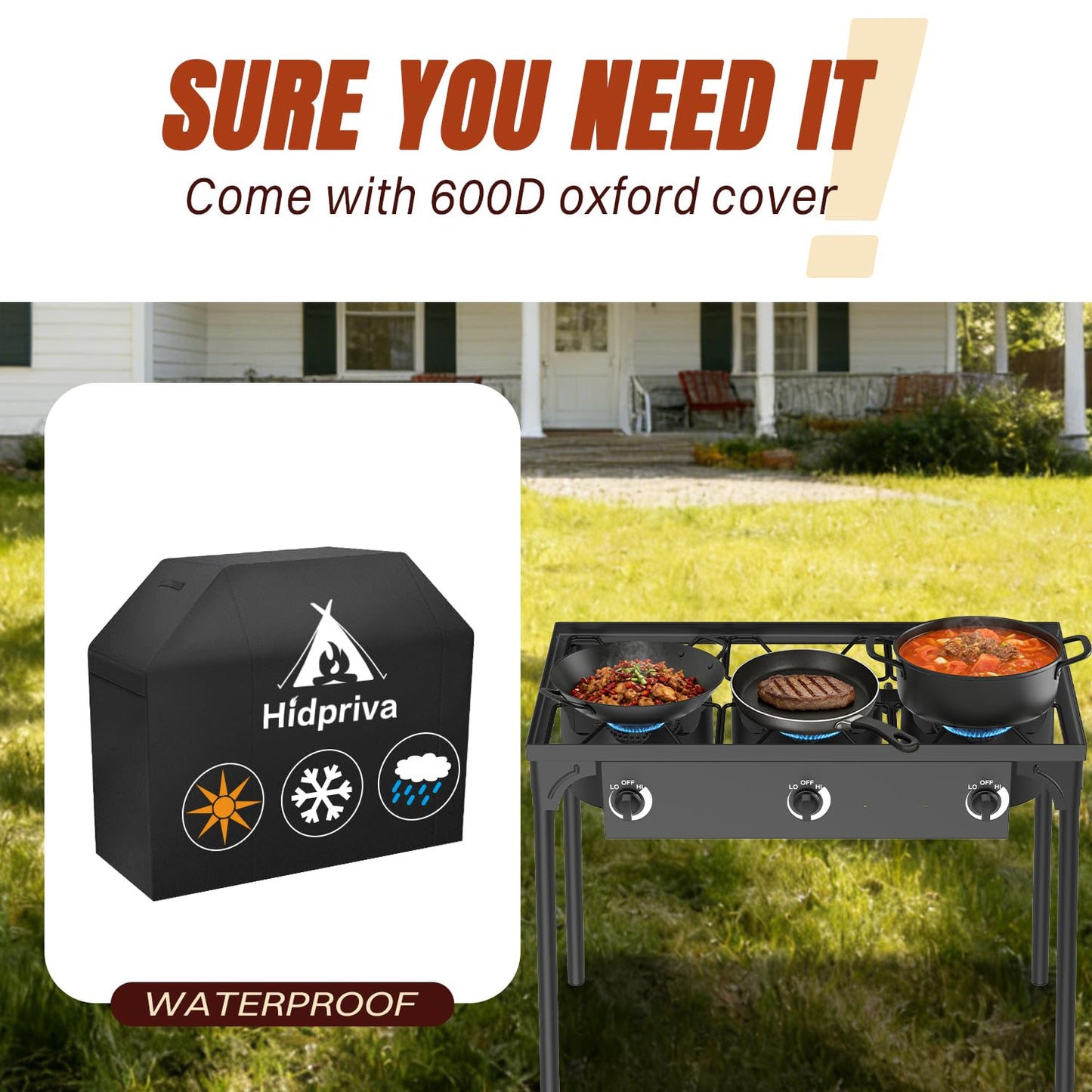 3 Burner Propane Gas Stove with Dustproof Cover & 20PSIG Regulator, Camp Stoves, 225,000 BTU High Pressure Burner for for Backyard Cooking Camping Home Brewing